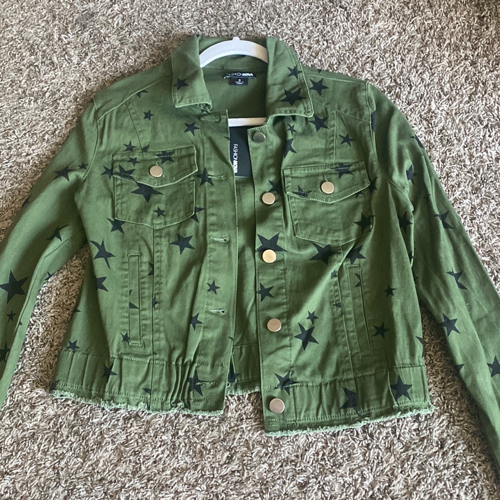Green printed Jean jacket. Size small